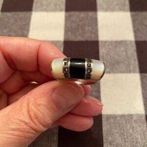 Vintage Art Deco Black Onyx, Mother-of-Pearl, Marcassite Stones, Silver 925 Ring